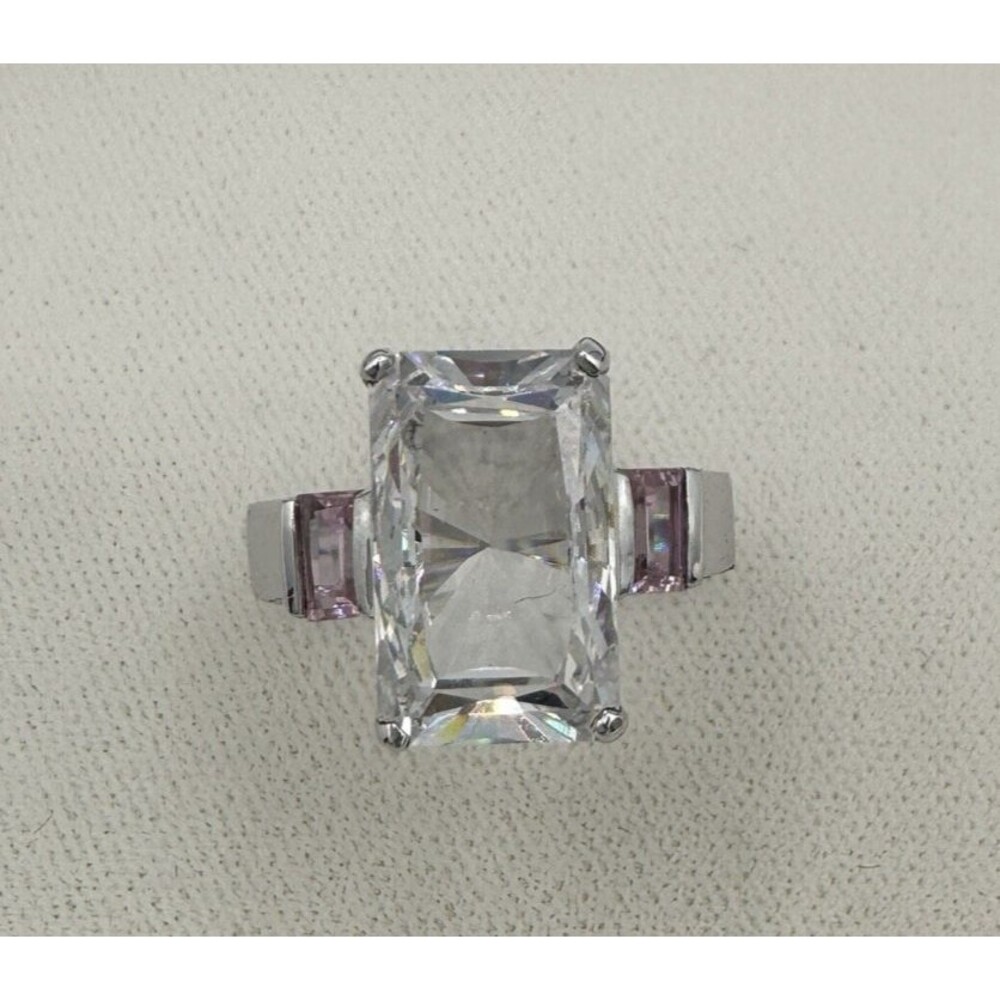 Vtg Hollywood Collection Ring Size 9 Clear CZ w/ Pink CZ Side Stones Silver 925